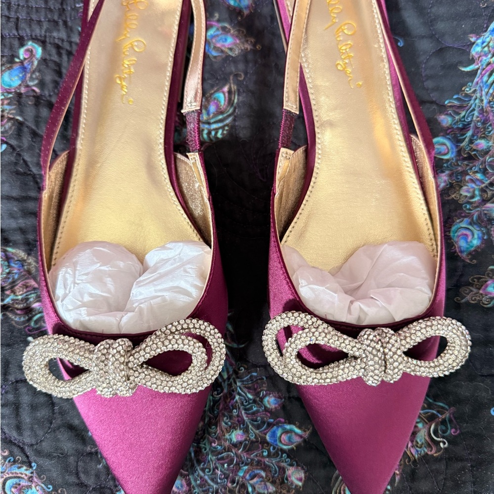Lilly Pulitzer Fuchsia Satin Pointed Slingback Flats with Crystal Bow - Picture 2 of 5